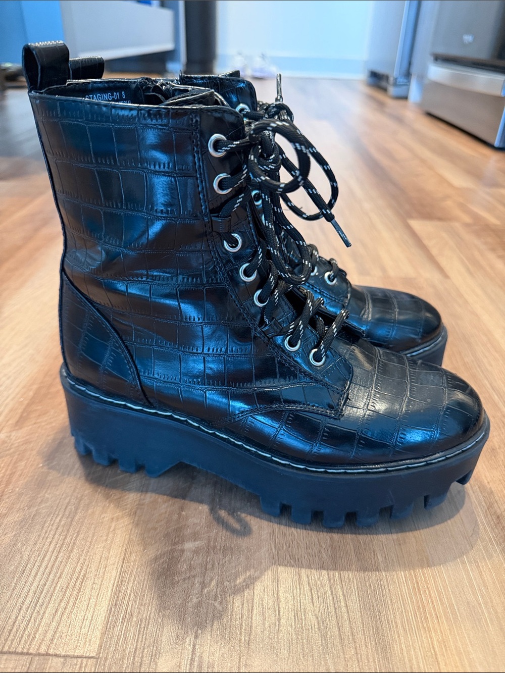 BAMBOO Black Croc-Embossed Lace-Up Platform Combat Boots